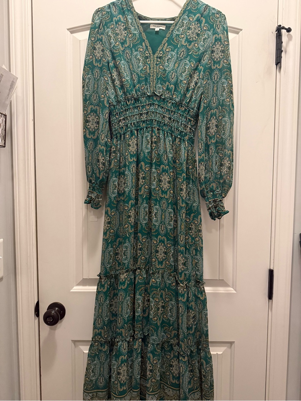 Max Studio Teal Paisley Smocked Waist Tiered Maxi Dress